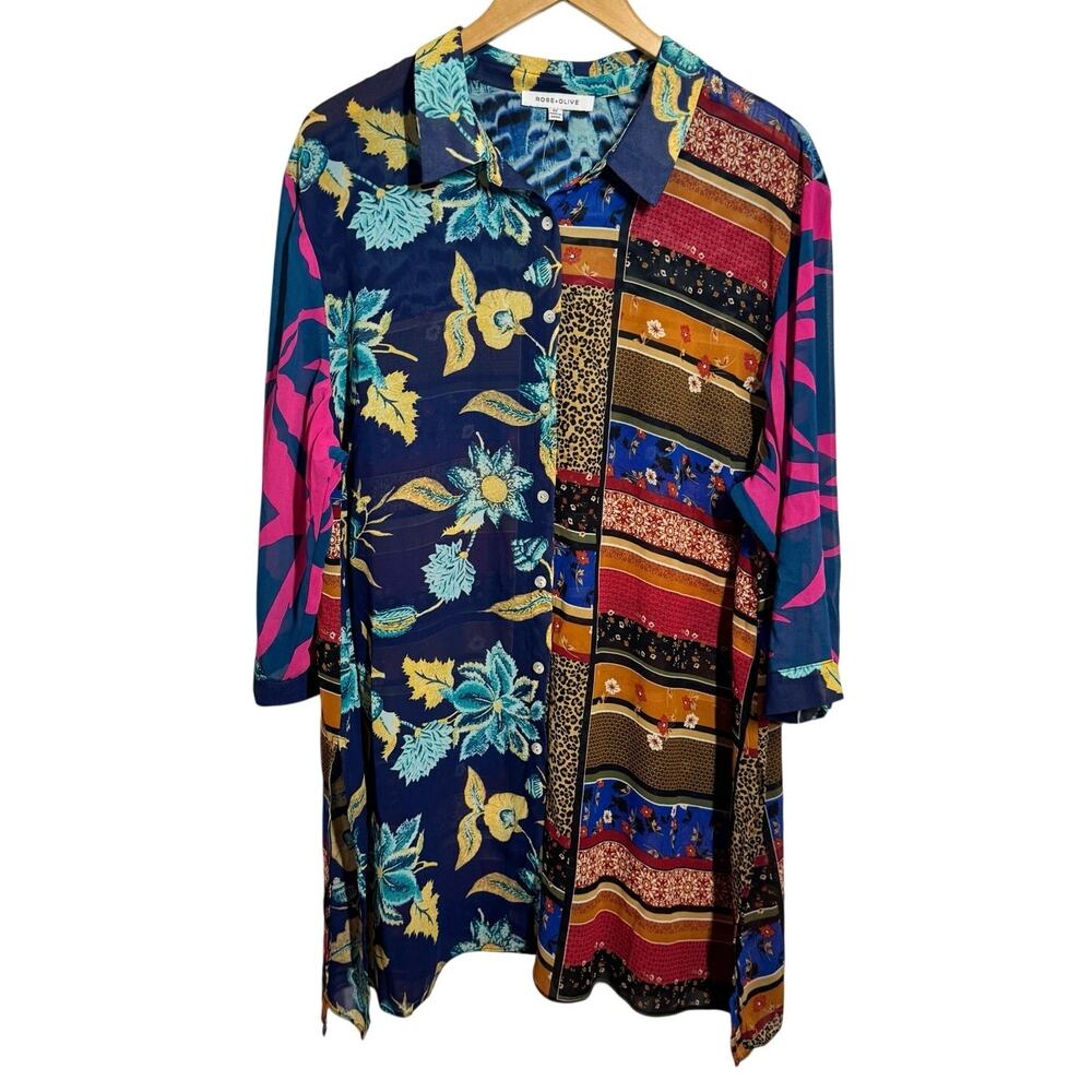 Rose + Olive Plus Size Sheer Pop Over Top Women 2X Mix Print ButtonUp Tunic Boho